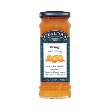 St Dalfour Orange Fruit Spread Oranges (50%), Unsweetened Grape Juice Concentrate, Lemon Juice, Gelling Agent (Pectin).
